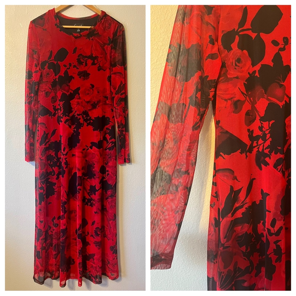 Vintage 90s Connected Apparel Dress Red & Black Rose Floral Sheer Mesh Flowy L